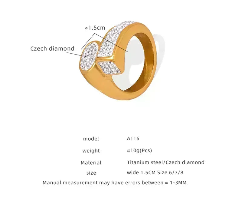 Elegant Simple Style Solid Color Titanium Steel Asymmetrical Plating Inlay Artificial Diamond 18K Gold Plated Ring