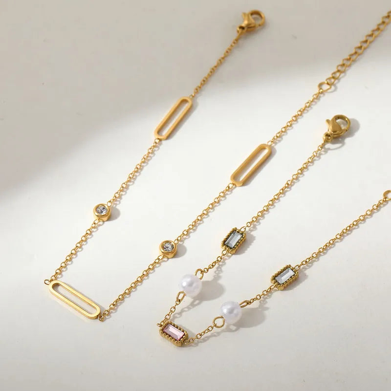 Small Rectangle Diamond and Pearl 304 Stainless Steel 18K Gold Plated Zircon Cable Chain Multi Charms Bracelet