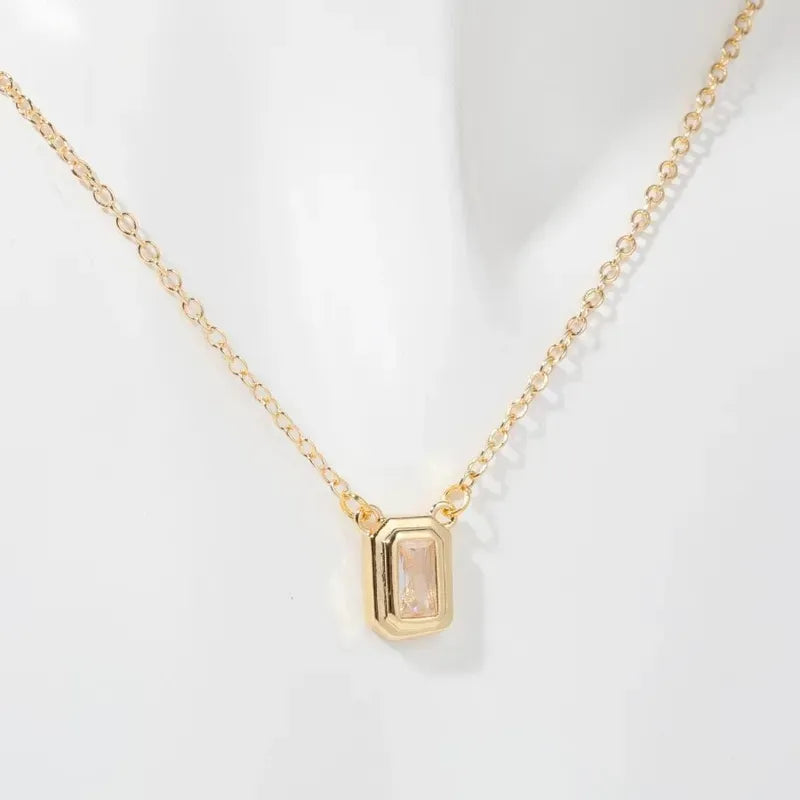 Gold Single Rectangular Zircon Stainless Steel Plating  Necklace