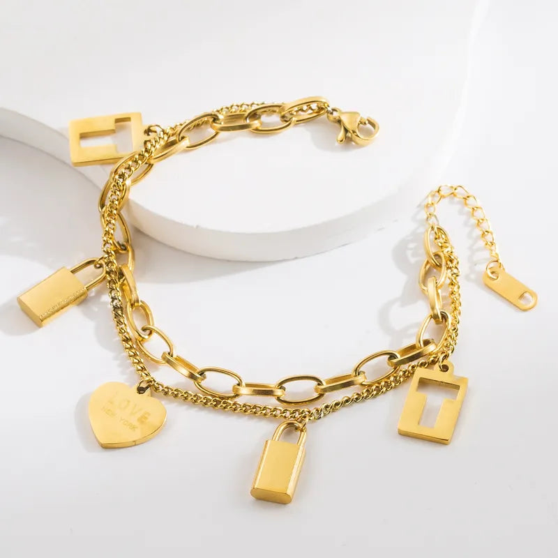 Letter & Heart Shape Lock Titanium Steel 18K Gold Plated Chain Bracelets