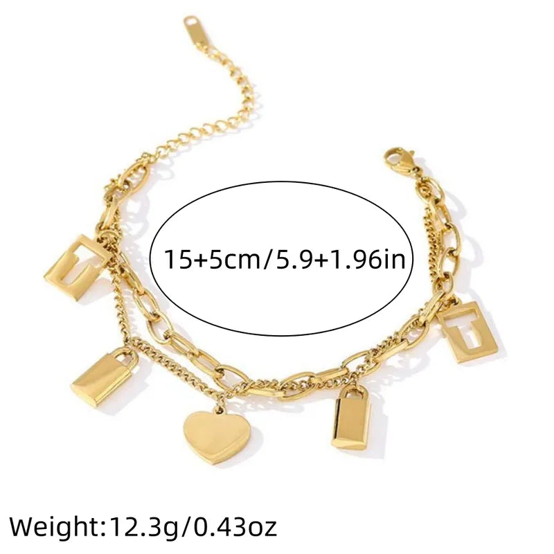 Letter & Heart Shape Lock Titanium Steel 18K Gold Plated Chain Bracelets