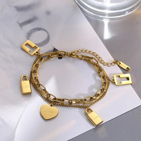 Letter & Heart Shape Lock Titanium Steel 18K Gold Plated Chain Bracelets