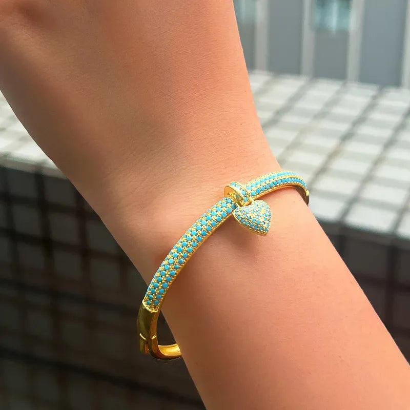 Teal Heart Gold Plated Casual Elegant Inlay Heart Shape Turquoise Bangle