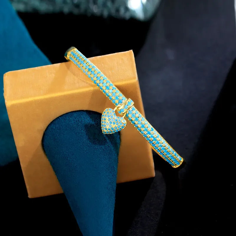 Teal Heart Gold Plated Casual Elegant Inlay Heart Shape Turquoise Bangle