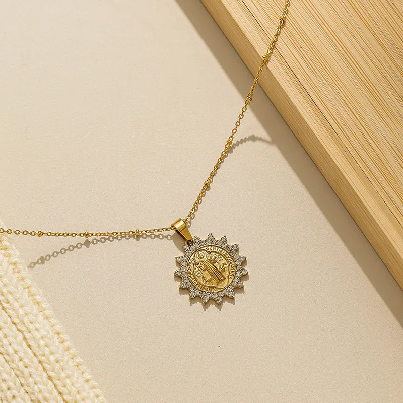 Cubic Zirconia 18K Gold Plated Zircon 304 Stainless Steel Religious Necklace