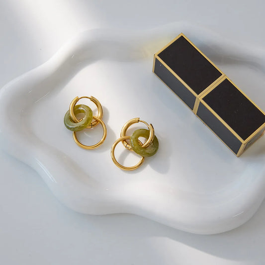 Designer Style 18K Gold Plated Stainless Steel Green  Double Ring Earring