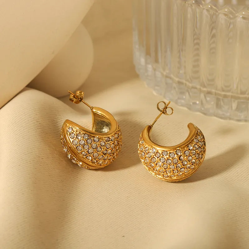 Nordic Style Inlay Stainless Steel Rhinestones 18K Gold Plated Hoop Earrings