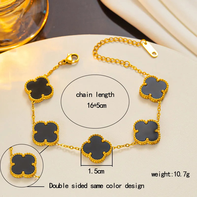 Black Stainless Steel 304 18k Gold Plated Cute Sweet Inlay Four-Leaf Clover Acrylic Bracelet