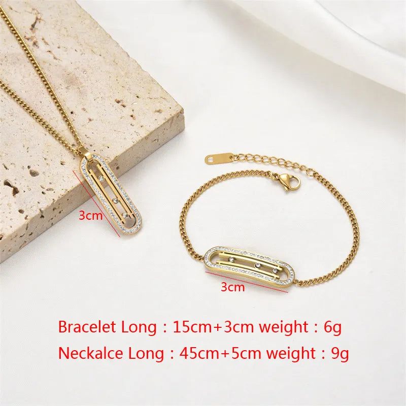 Hip-Hop Oval Stainless Steel Plating Inlay Zircon Gold Plated Bracelets Necklace