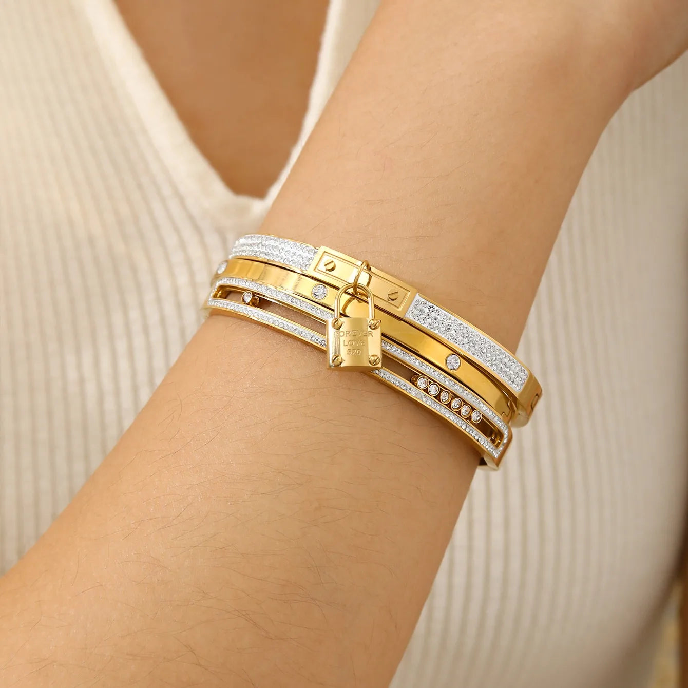 High-end Key Lock Zircon Stainless Steel 18K Gold Plated Bracelet