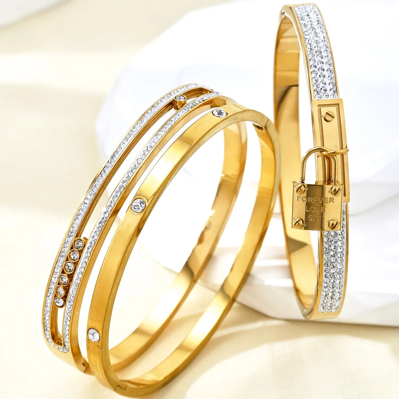 High-end Key Lock Zircon Stainless Steel 18K Gold Plated Bracelet