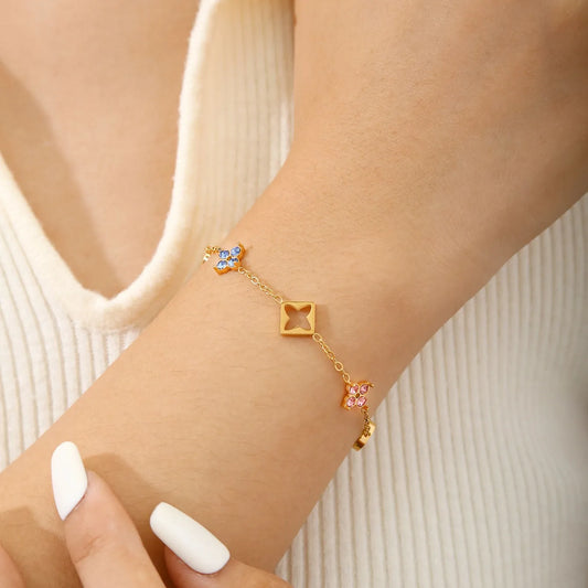 Colored Four-leaf Zircon Stainless Steel 18k Gold Plated Bracelet