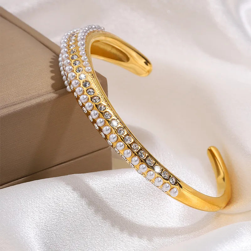 Elegant Luxurious French Style Solid Color 304 Stainless Steel Artificial Rhinestones Artificial Pearls Bangle