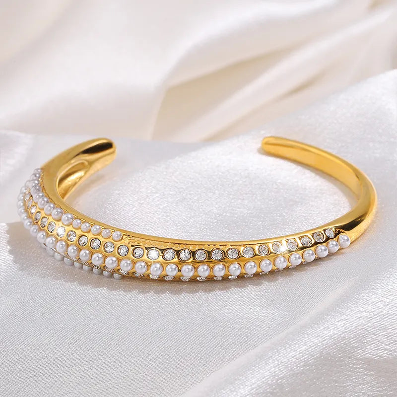 Elegant Luxurious French Style Solid Color 304 Stainless Steel Artificial Rhinestones Artificial Pearls Bangle