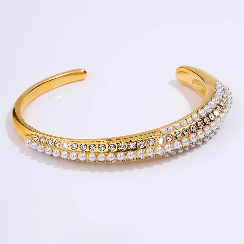 Elegant Luxurious French Style Solid Color 304 Stainless Steel Artificial Rhinestones Artificial Pearls Bangle