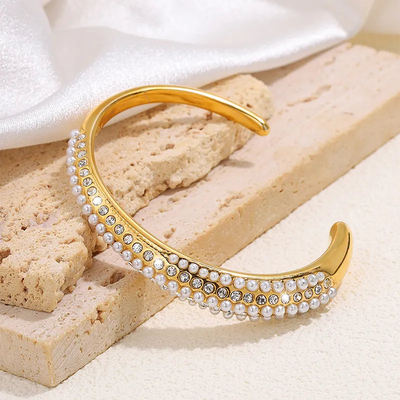 Elegant Luxurious French Style Solid Color 304 Stainless Steel Artificial Rhinestones Artificial Pearls Bangle