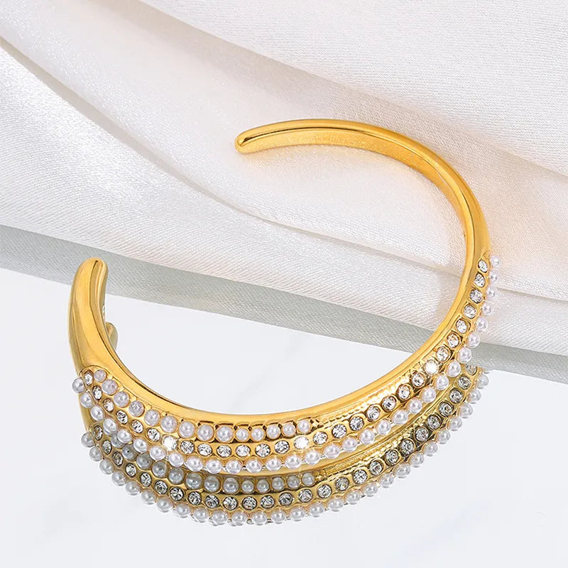 Elegant Luxurious French Style Solid Color 304 Stainless Steel Artificial Rhinestones Artificial Pearls Bangle