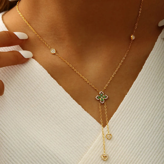 Luxury Clover Stainless Steel 18K Gold Plated Necklace With Embedded Zircon