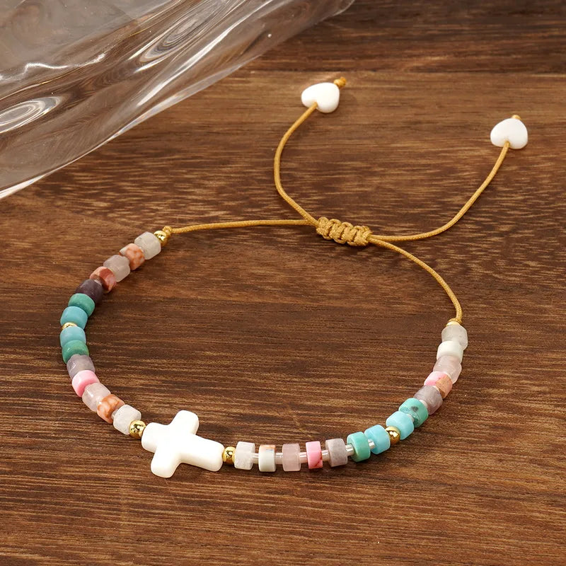 Sweet Candy Cross Seed Bead Copper Beaded Chain Stretch Adjustable String Bracelets