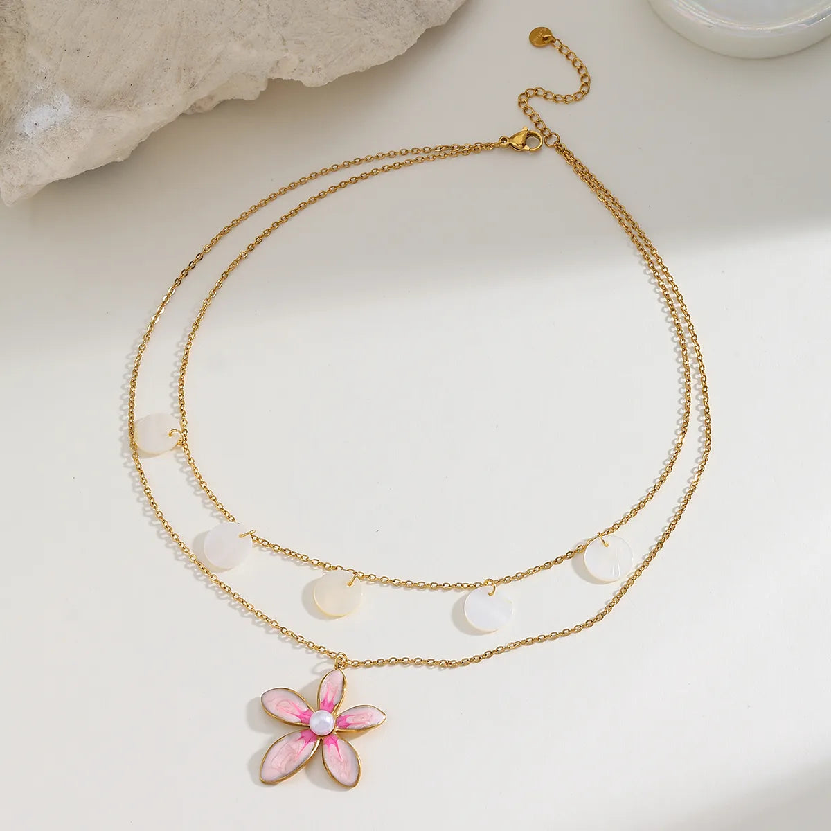 Pearl Flower Double Layer Stainless Steel Vacuum 18K Gold Plated Necklace
