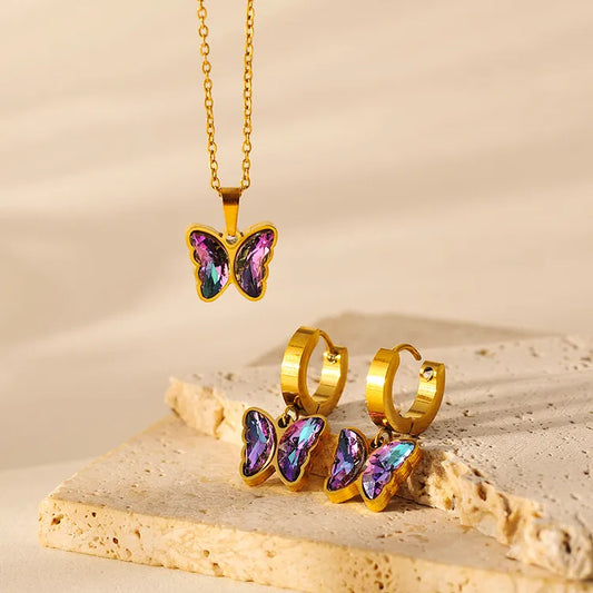 18K Gold Plated Butterfly 304 Stainless Steel Non Tarnish Earrings Necklace