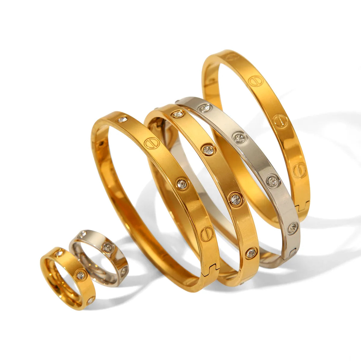 French Style Geometric 304 Stainless Steel Titanium Steel Zircon 18K Gold Plated Rings Bracelet