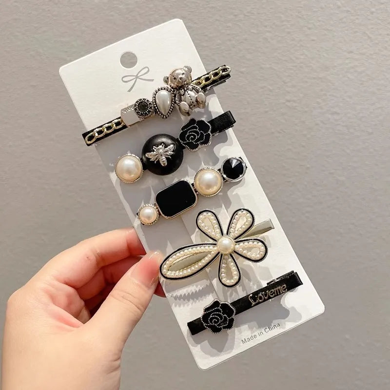 Black Rose set Fashion Geometric Alloy Plating Artificial Pearls Hair Clip 1 Piece