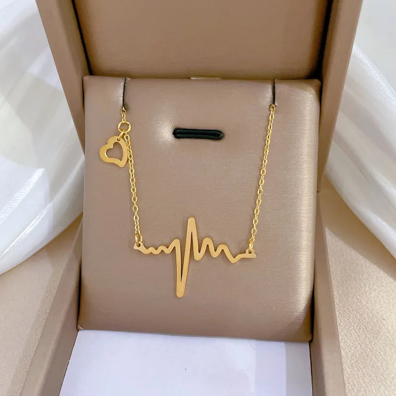 Heart Line Monitor Gold Geometric Titanium Steel Plating Pendant Necklace