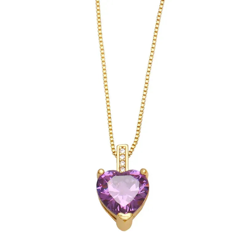 Purple Heart Shape Copper Necklace Inlay Zircon Copper Necklaces