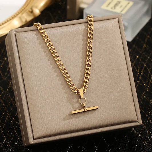 T-Shape Stainless Steel 18K Gold Plated  Geometric Design Necklace