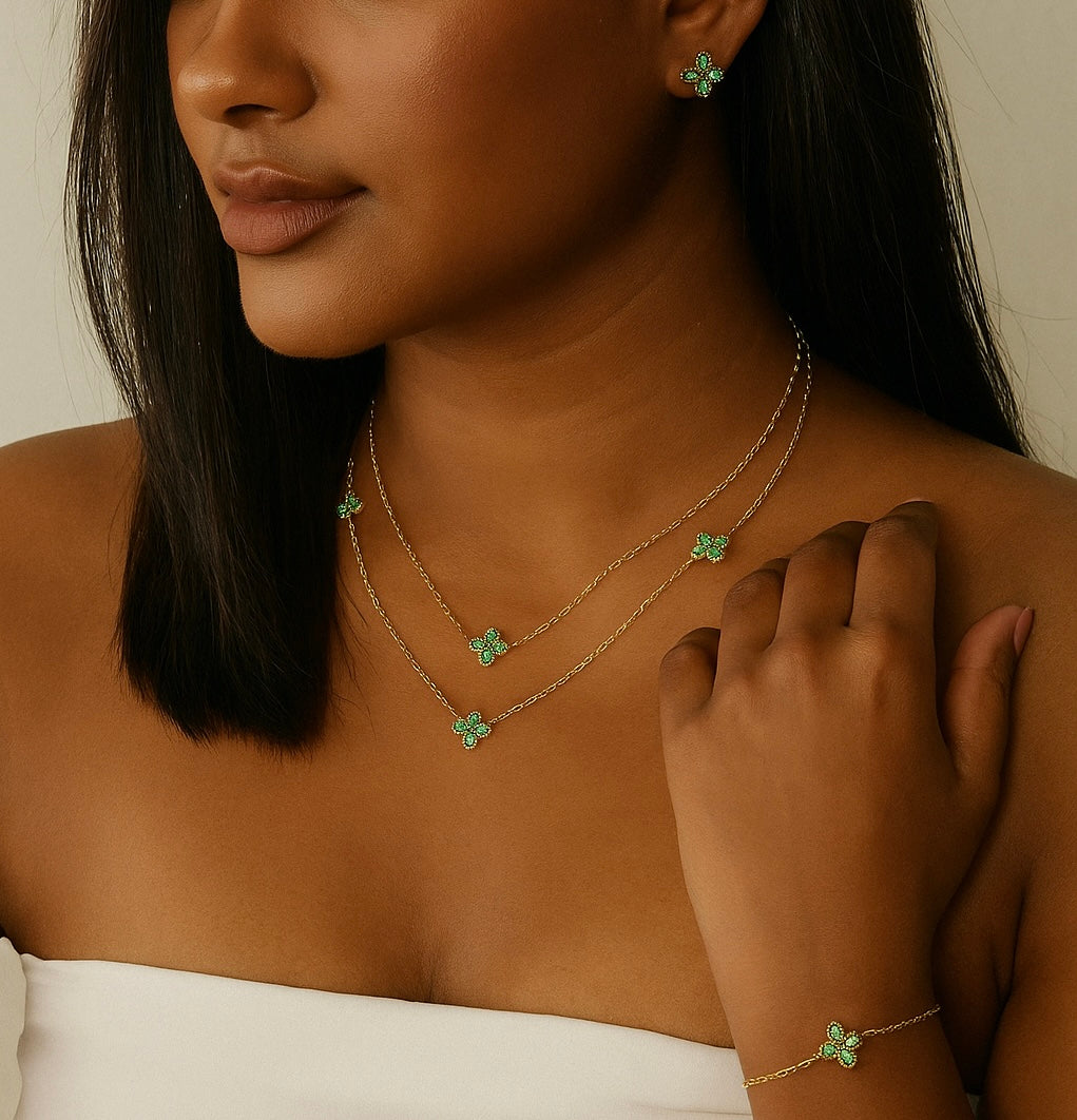 Luxury Flower 304 Stainless Steel 18K Gold Plated Zircon Necklace Bracelet Set