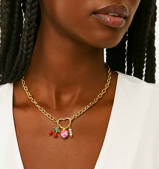Pearl Heart Cherry 18K Gold Plated Stainless Steel Charm Necklace