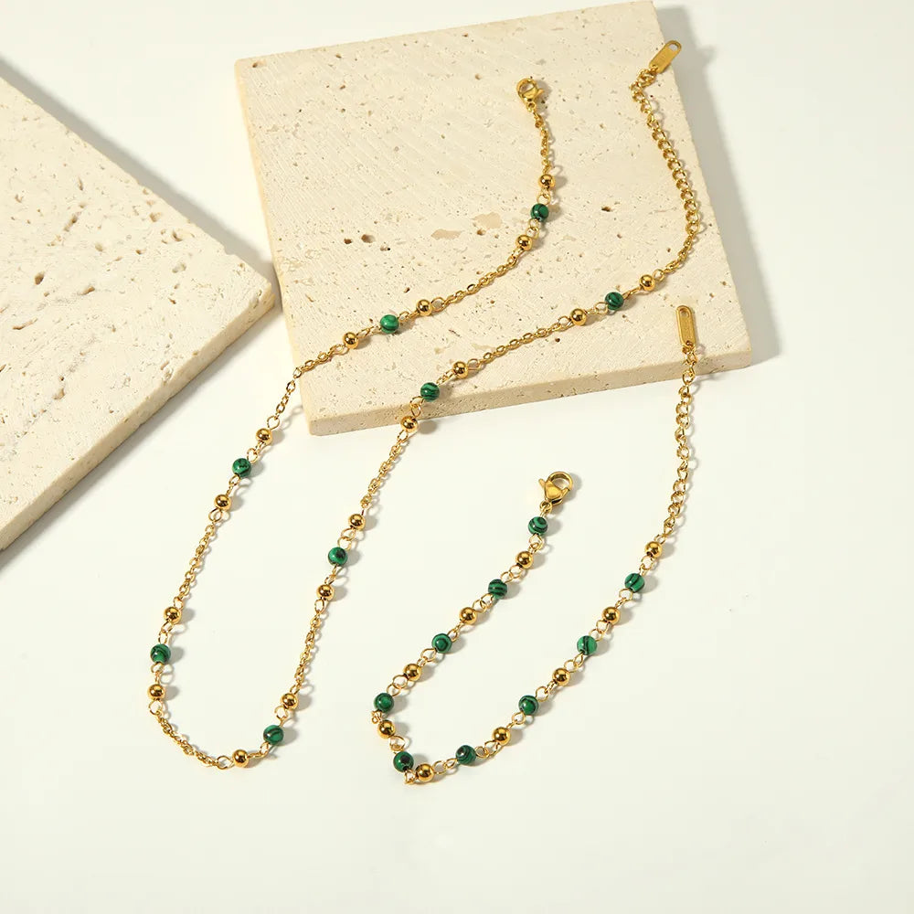 Green Unique 18K Gold Plated 201 Stainless Steel Bracelet Necklace Set