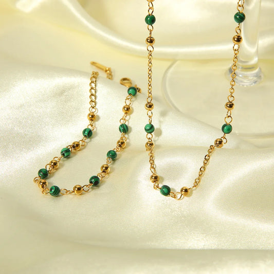 Green Unique 18K Gold Plated 201 Stainless Steel Bracelet Necklace Set