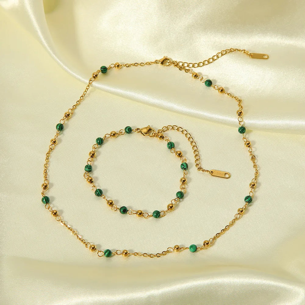 Green Unique 18K Gold Plated 201 Stainless Steel Bracelet Necklace Set