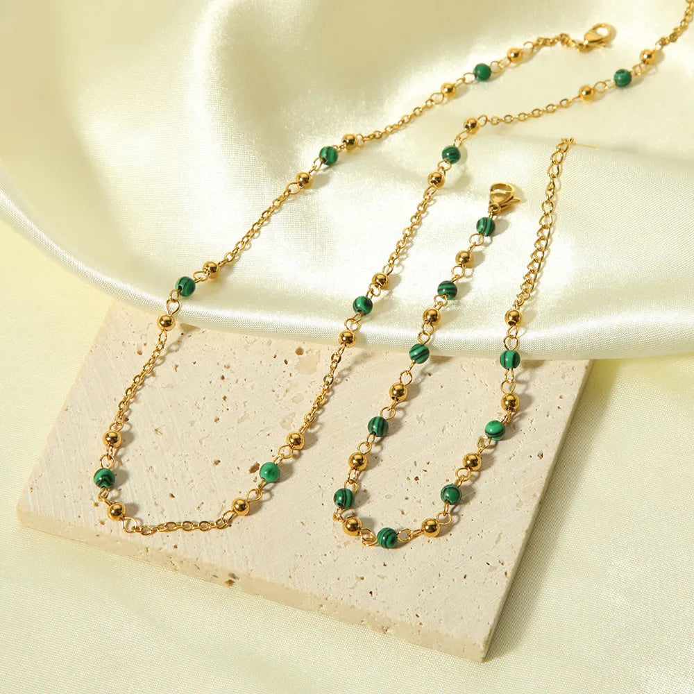 Green Unique 18K Gold Plated 201 Stainless Steel Bracelet Necklace Set