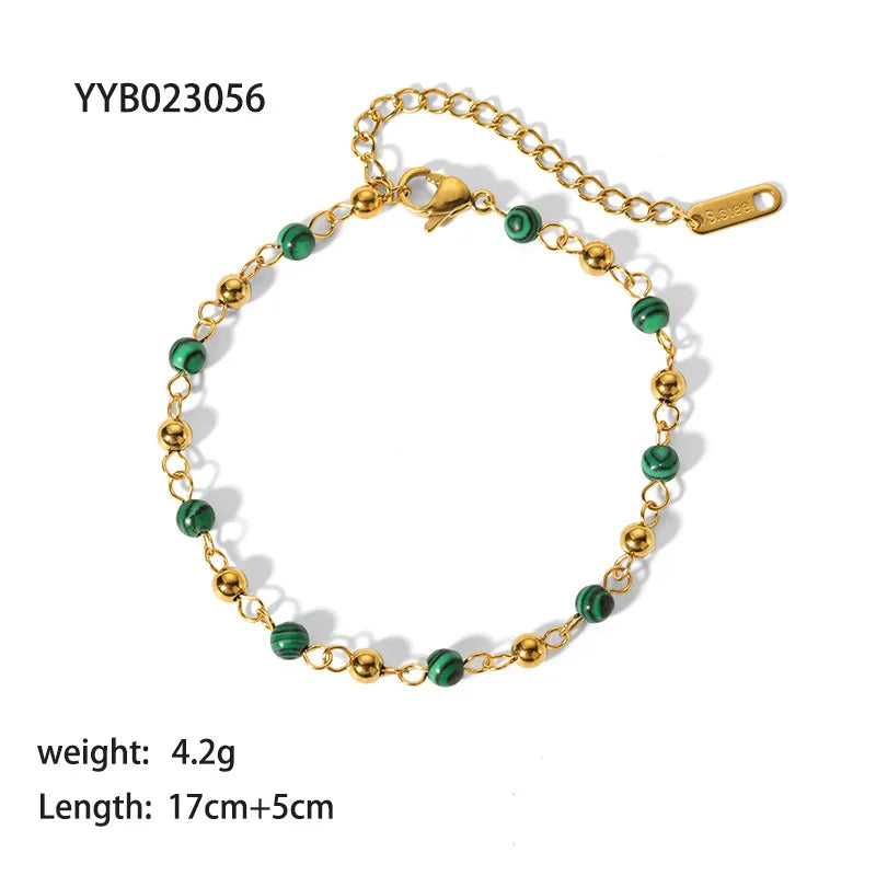 Green Unique 18K Gold Plated 201 Stainless Steel Bracelet Necklace Set