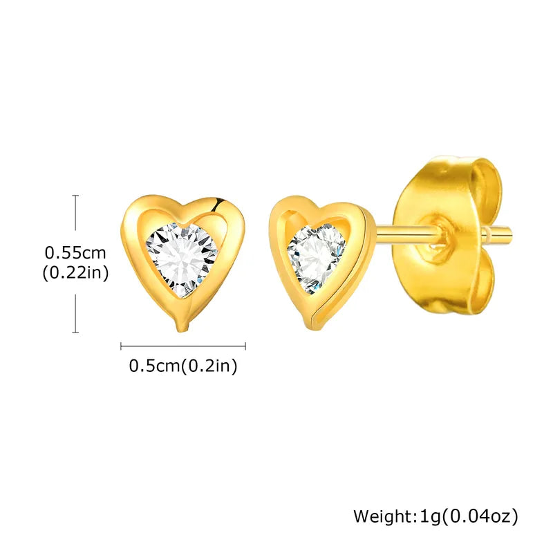 Diamond Heart Shape 201 Stainless Steel Zircon 18K Gold Plated Ear Studs