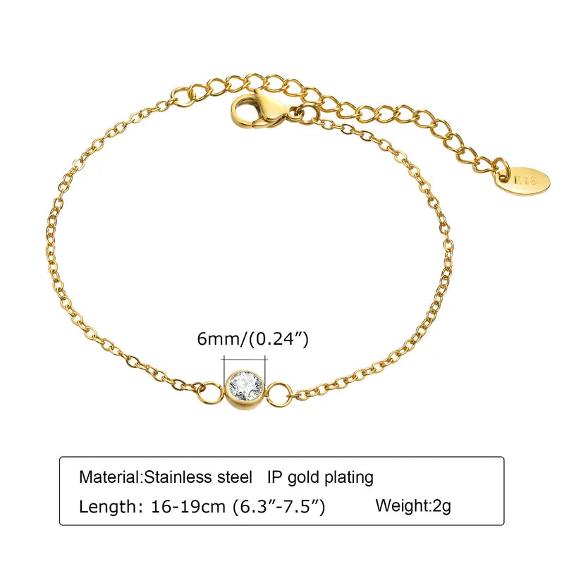 Single Diamond Korean Style Round 304 Stainless Steel 18K Gold Plated Zircon Bracelets