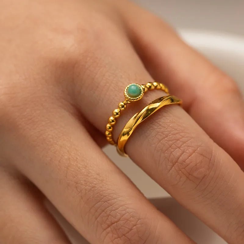 Geometric 304 Stainless Steel 18K Gold Plated Amazonite Open Rings