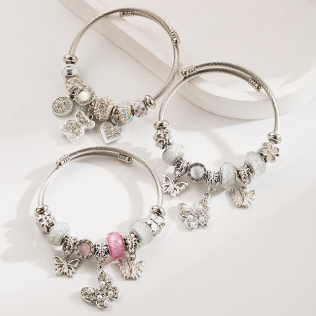 Beaded Bear Love Stainless Steel Charm Bracelet Diamond Pendant Adjustable Bracelet