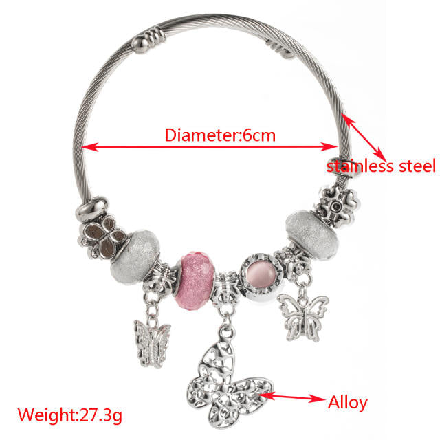 Beaded Bear Love Stainless Steel Charm Bracelet Diamond Pendant Adjustable Bracelet
