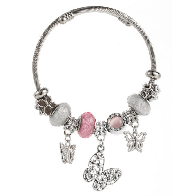 Beaded Bear Love Stainless Steel Charm Bracelet Diamond Pendant Adjustable Bracelet