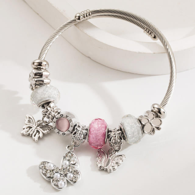 Beaded Bear Love Stainless Steel Charm Bracelet Diamond Pendant Adjustable Bracelet