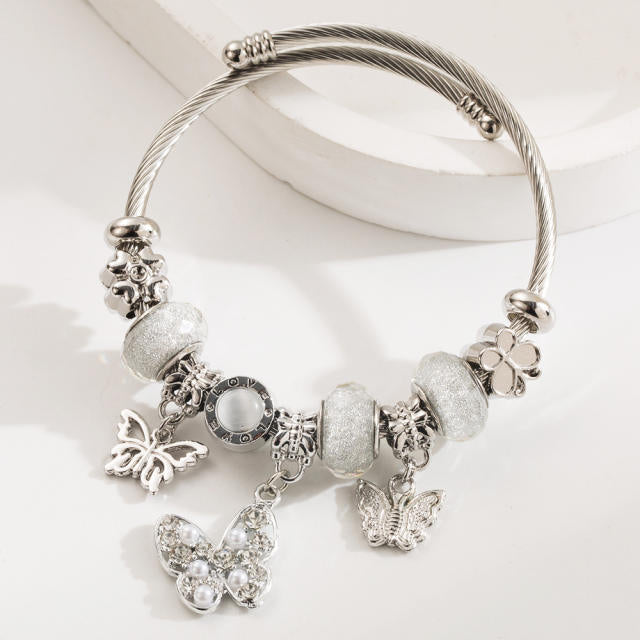 Beaded Bear Love Stainless Steel Charm Bracelet Diamond Pendant Adjustable Bracelet
