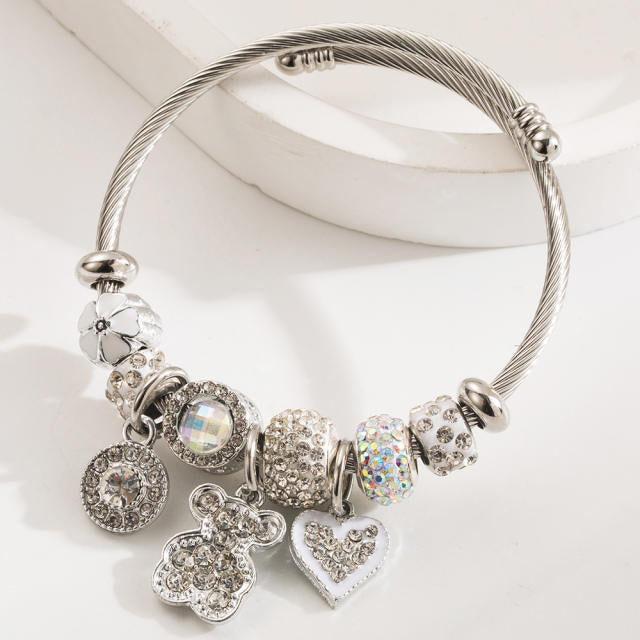 Beaded Bear Love Stainless Steel Charm Bracelet Diamond Pendant Adjustable Bracelet