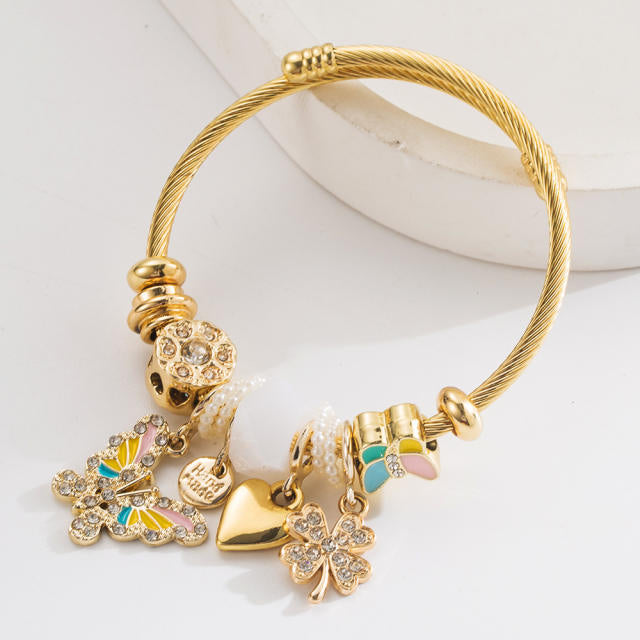 Stainless Steel Bracelet with Butterfly Heart Four-Leaf Clover Diamond-Encrusted Adjustable Bracelet