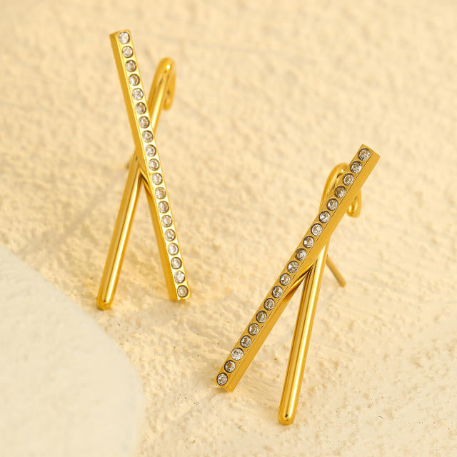 Crossed Embellished 18K Gold Plated 304 Stainless Steel Stud