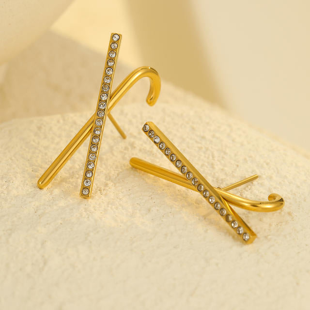 Crossed Embellished 18K Gold Plated 304 Stainless Steel Stud