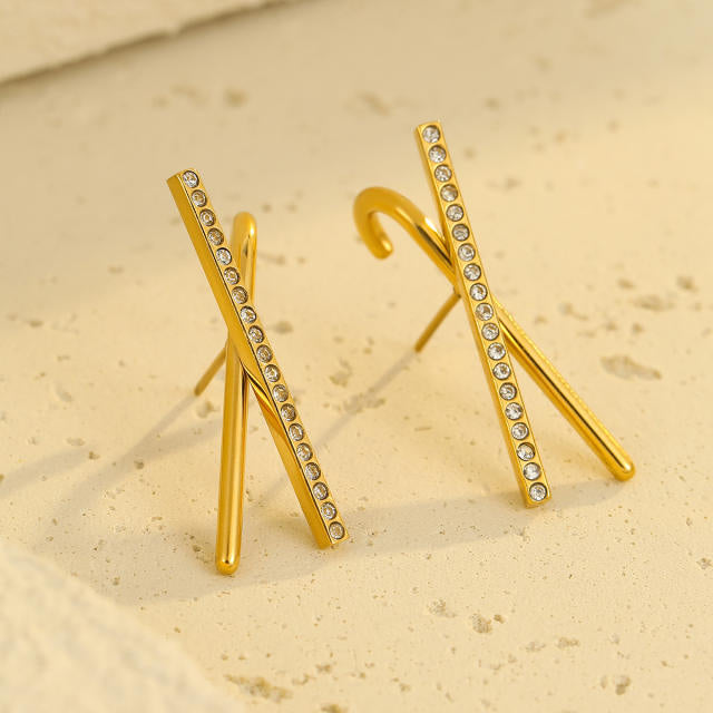 Crossed Embellished 18K Gold Plated 304 Stainless Steel Stud